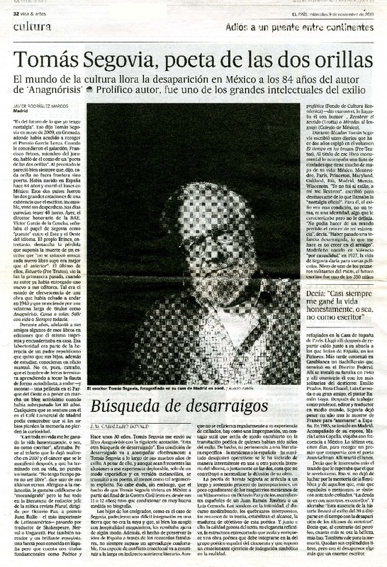 Tomás Segovia, poeta de las dos orillas  [artículo] Javier Rodríguez Marcos.