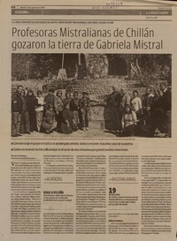 Profesoras Mistralianas de Chillán gozaron la tierra de Gabriela Mistral  [artículo] Patricia Orellana.