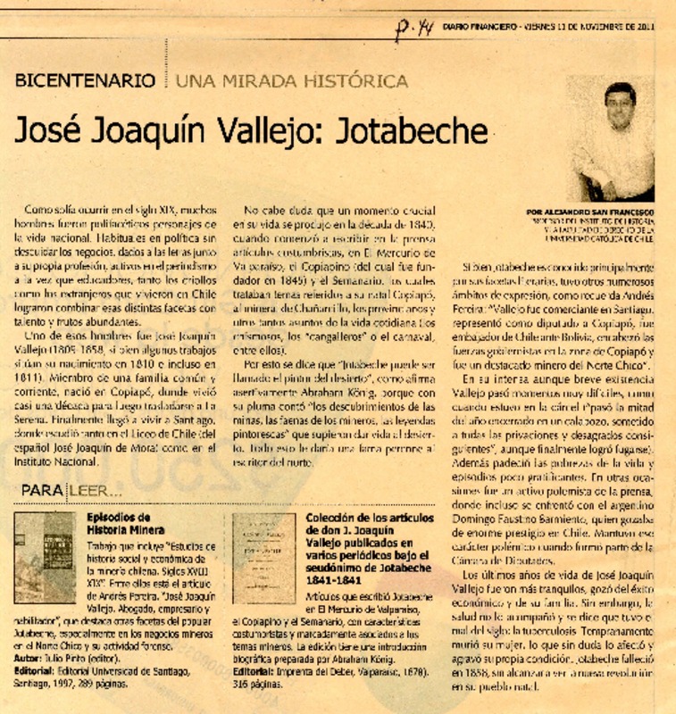 José Joaquín Vallejo: Jotabeche  [artículo] Alejandro San Francisco.