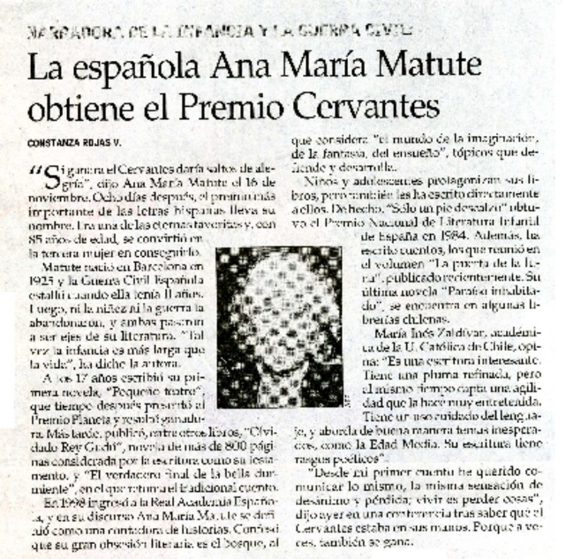La española Ana María Matute obtiene el Premio Cervantes  [artículo] Constanza Rojas V.