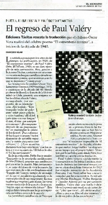 El regreso de Paul Valéry  [artículo] Francisco Véjar.