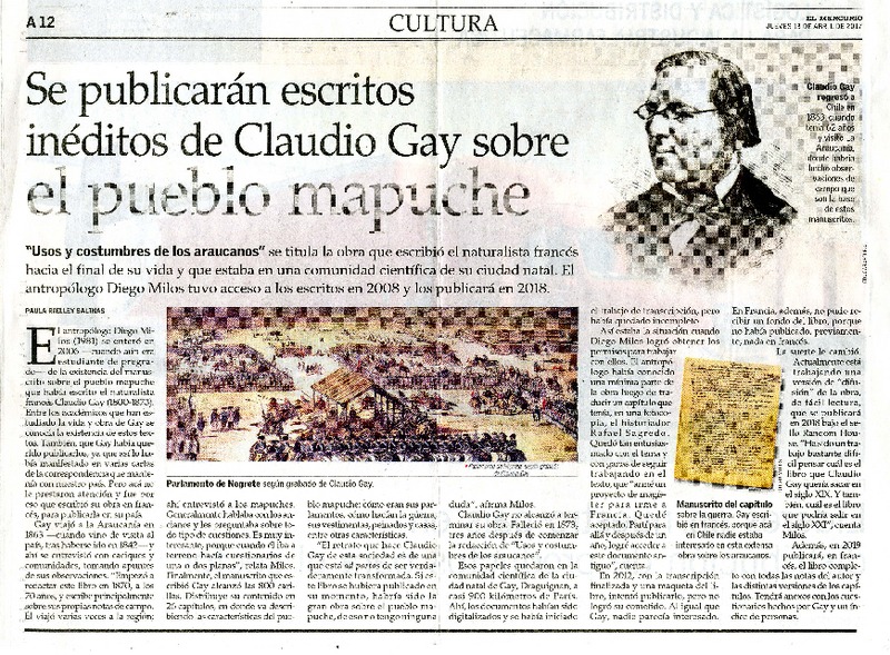 Se publicarán escritos inéditos de Claudio Gay sobre el pueblo mapuche  [artículo] Paula Rielley Salinas.