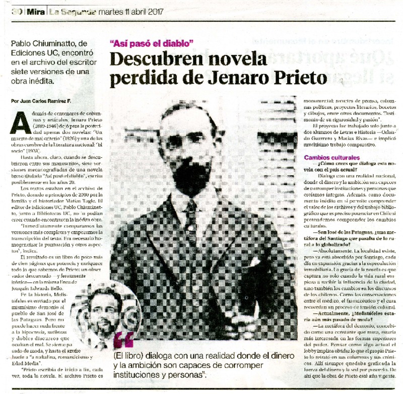 Descubren novela perdida de Jenaro Prieto [entrevista]  [artículo] Juan Carlos Ramírez F.