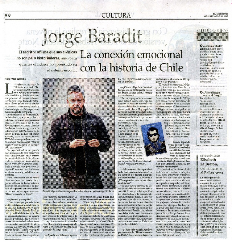 Jorge Baradit la conexión emocional con la historia de Chile [artículo] : Jorge Baradit ; [entrevistado por] Pedro Pablo Guerrero ; [Fotografía] Sergio Piña.