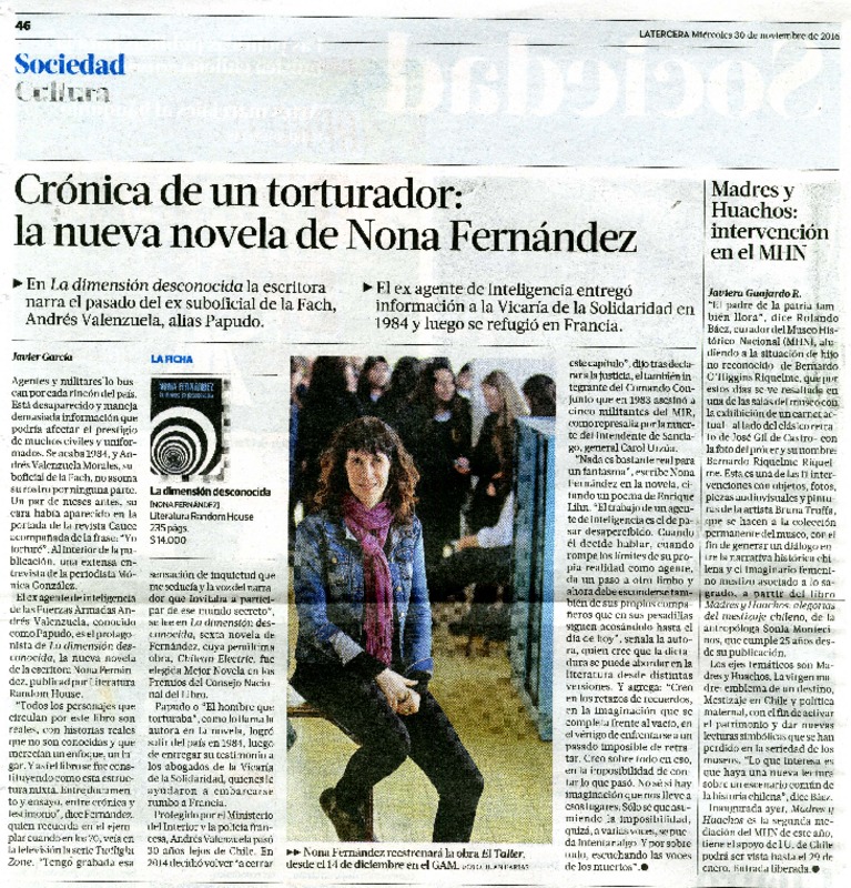 Crónica de un torturador la nueva novela de Nona Fernández [artículo] : Javier García; [fotografía por] Juan Farias.