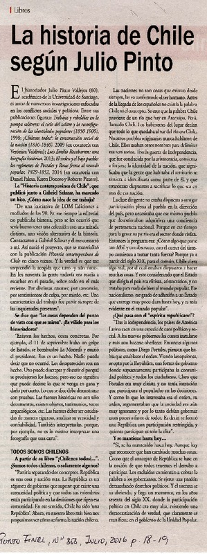 La historia de Chile según Julio Pinto  [artículo] Julio Pinto ; [entrevistado por] Alejandro Lavquen.