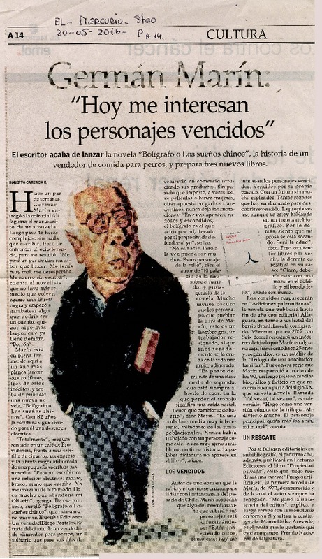 Germán Marín "hoy me interesan los personajes vencidos" [artículo] : Roberto Careaga C., [ilustración] Francisco Javier Olea.
