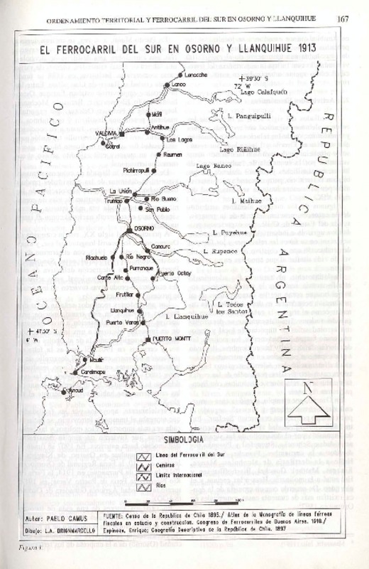 El Ferrocarril del sur en Osorno y Llanquihue 1913  [material cartográfico] Pablo Camus; dibujo L. A. Brignmardello.