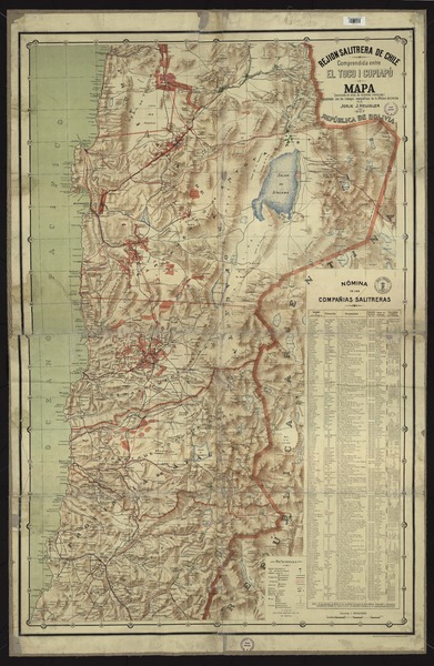 Rejión salitrera de Chile comprendida entre el Toco i Copiapó mapa construido en vista de recientes mensuras i completado con los trabajos topográficos de la Oficina de Límites, República de Boliovia