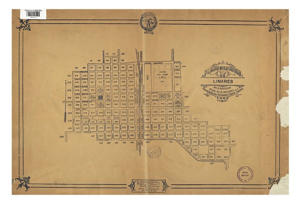 Plano de la ciudad de Linares con la numeración oficial de las manazanas [material cartográfico] : de la Asociación Chilena de Aseguradores Contra Incendio.