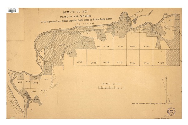 Remate de 1893 plano no. 2 de Carahue de las hijuelas al sur del Río Imperial desde cerca de Pancul hasta el mar.