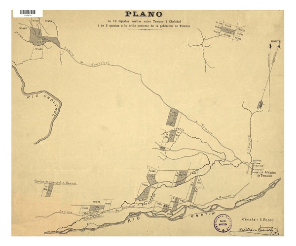 Plano de 16 hijuelas sueltas entre Temuco i Cholchol i de 3 quintas a la orilla poniente de la población de Temuco. [material cartográfico] :