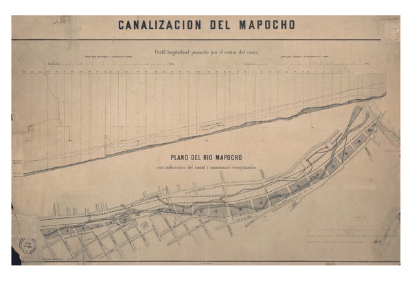 Canalización del Mapocho perfil lonjitudinal pasando por el centro del cauce