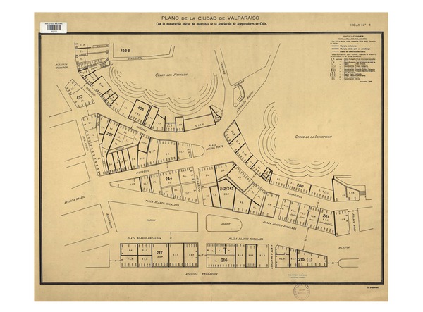 Plano de la ciudad de Valparaíso con la numeración oficial de manzanas [material cartográfico] : de la Asociación de Aseguradores de Chile.