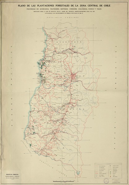 Plano de las plantaciones forestales de la zona central de Chile provincias de Aconcagua, Valparaíso, Santiago, O'Higgins, Colchagua, Curicó y Talca