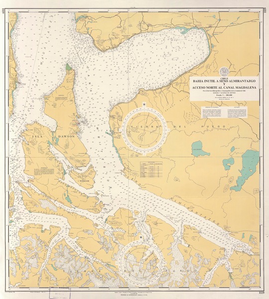 Bahía Inútil a seno Almirantazgo y acceso norte al canal Magdalena  [material cartográfico] por el Servicio Hidrográfico y Oceanográfico de la Armada de Chile.