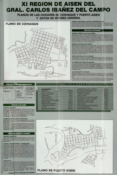 XI Región de Aisén del Gral. Carlos Ibañez del Campo: planos de las ciudades de Coihaique y Puerto Aisén y datos de interés general.