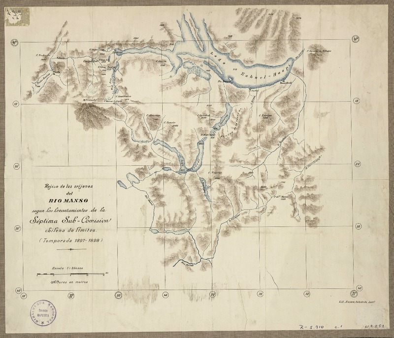 Rejion de los oríjenes del Río Manso  [material cartográfico] según los levantamientos de la Séptima Sub-Comisión Chilena de Límites.