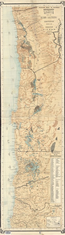 Carta de la rejión salitrera comprendida entre los paralelos 19° y 27° 30' Lat Sur  [material cartográfico] Delagación Fiscal de Salitreras Antofagasta ; dib. M. A. Rojas Rivera.