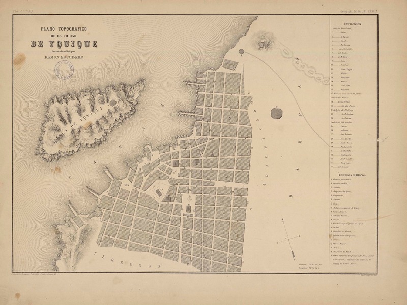 Plano topográfico de la ciudad de Yquique  [material cartográfico] levantado en 1861 por Ramón Escudero; grabado por Delamare.