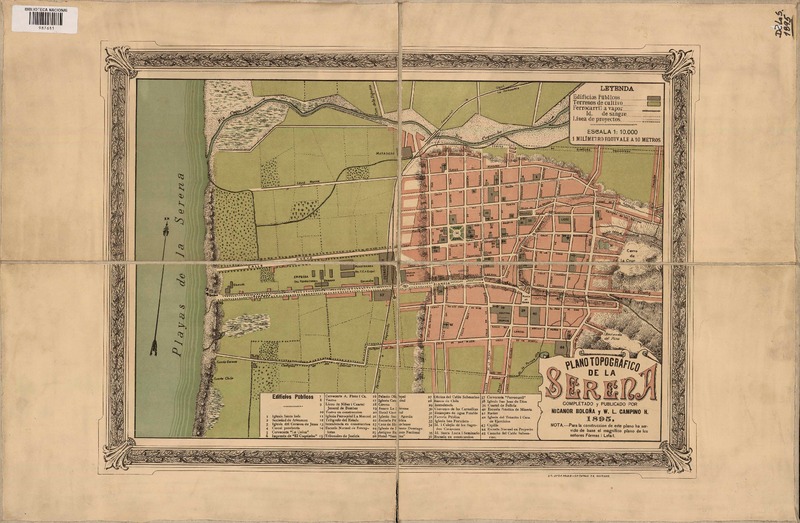 Plano topográfico de La Serena  [material cartográfico] completado y publicado por Nicanor Boloña y W. L. Campino H.