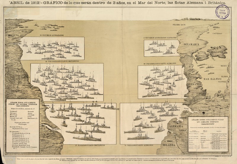 "Abril de 1912" - Gráfico de lo que serán dentro de 3 años, en el Mar del Norte, las flotas Alemana i Británica  [material cartográfico]