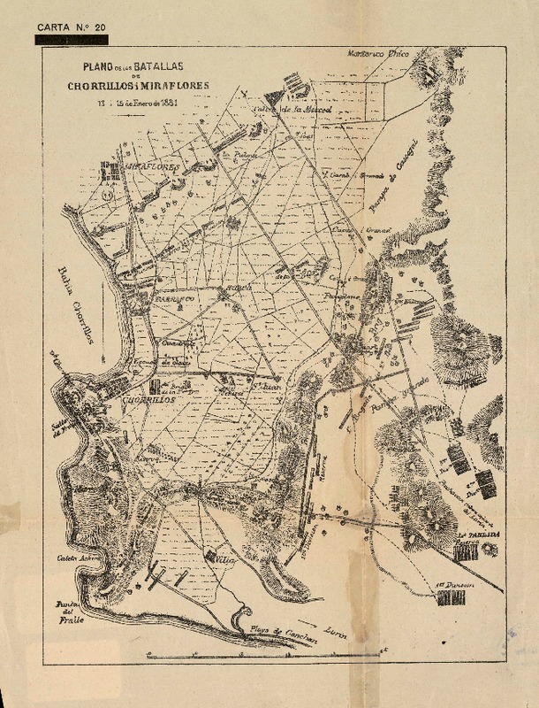 Plano de las batallas de Chorrillos y Miraflores 13 i 15 de Enero de 1881. [material cartográfico] :