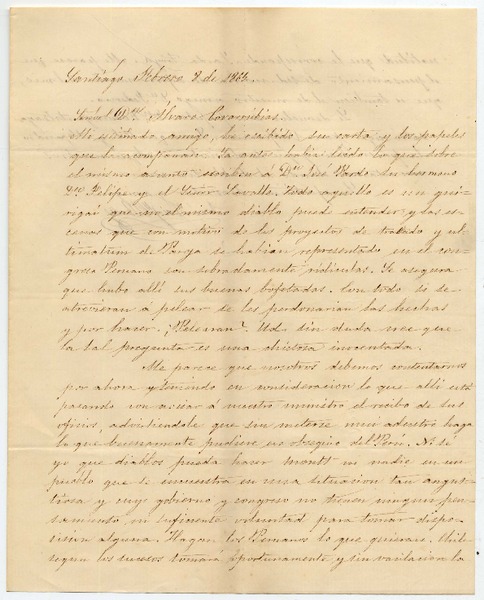 [Carta] 1865 Febrero 8, Santiago [al] Señor Dn. Álvaro Covarrubias