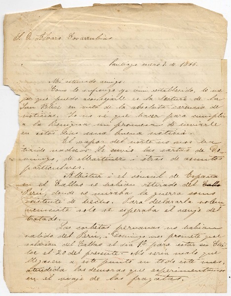[Carta] 1866 enero 9, Santiago [al] S. D. Alvaro Covarrubias 2 de enero 1866