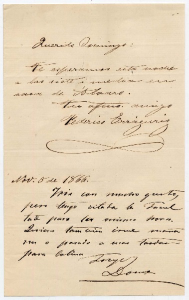 [Carta] 1866 Nov[iembre] 5, [S antiago?] Querido Domingo
