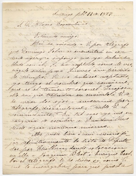 [Carta] 1876 Feb[rero] 19, Santiago [a] D. Álvaro Covarrubias :