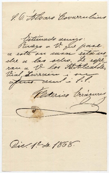 [Carta] 1868 Dic[iembre] 1°, [Santiago] [a] D. Álvaro Covarrubias