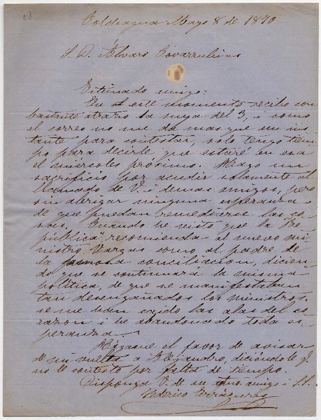 [Carta] 1870 mayo 8, Colchagua [a] D. Alvaro Covarrubias 8 de mayo 1870