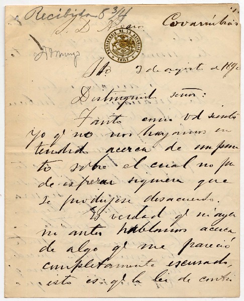 [Carta] 1890 agosto 2, [Santiago?] [al] S. D. Alvaro Covarrúbias