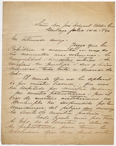 [Carta] 1890 julio 14, Santiago [al] Señor Don José Miguel Valdes Carre[ra]