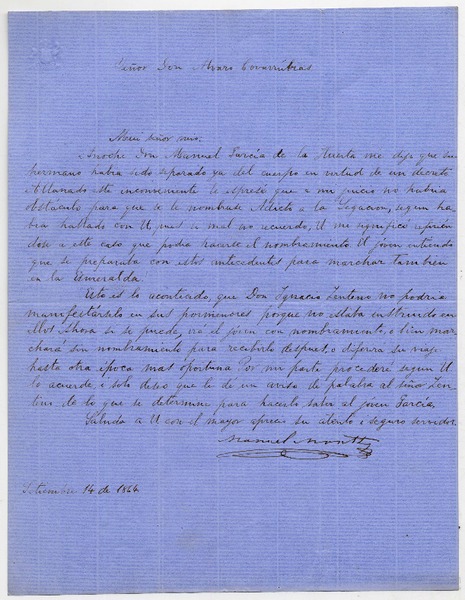 [Carta] 1864 Setiembre 14, [Santiago] [al] Señor Don Alvaro Covarrúbias