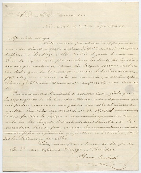 [Carta] 1866 Junio 9, Ancud [a] Álvaro Covarrubias