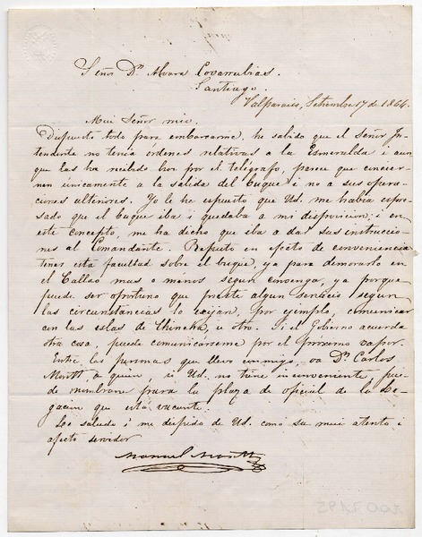 [Carta] 1864 Setiembre 17, Valparaíso, [a] Álvaro Covarrubias