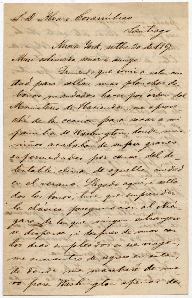 [Carta] 1867 Set[iem]bre 30, Nueva York [a] Álvaro Covarrubias
