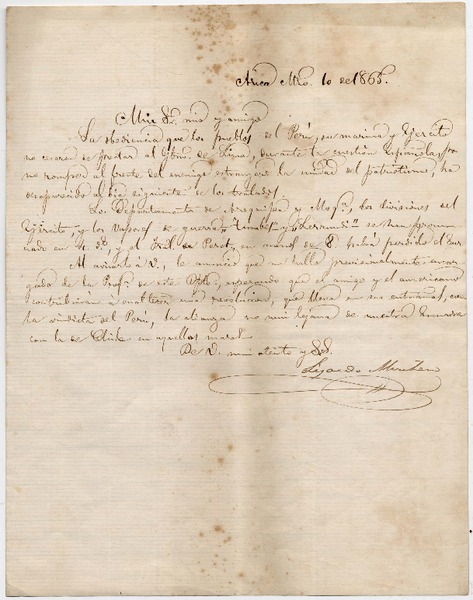 [Carta] 1865 set[iembre] 1 , Arica [a Álvaro Covarrubias]