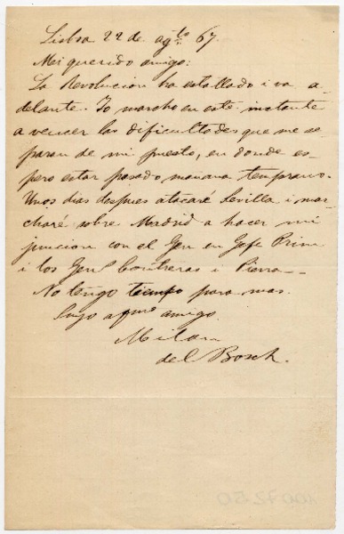 [Carta][18]67 Ag[os]to 22, Lisboa [a] [Álvaro Covarrubias] 22 de agosto 1867