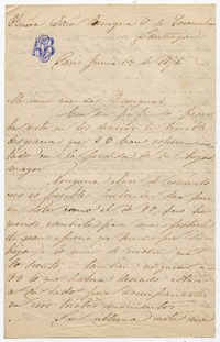 [Carta] 1878 Junio 14, Paris [a] Doña Benigna de Covarrubias :