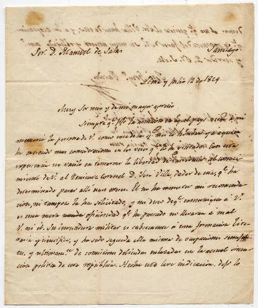 [Carta] 1829 Julio 12, Lima [al] Sor. D. Manuel de Salas