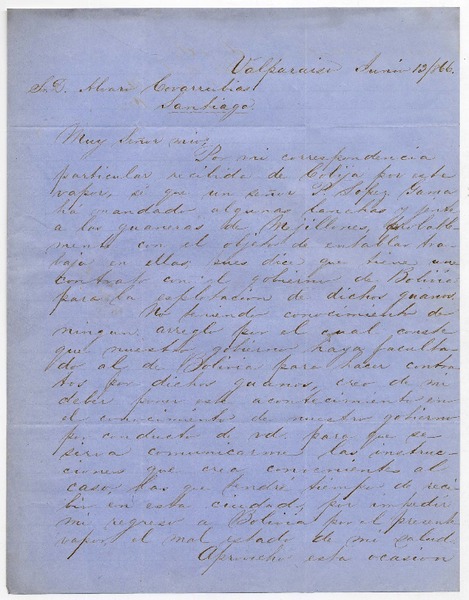 [Carta] 1866 junio 13, Valparaíso [a] Señor Alvaro Covarrubias