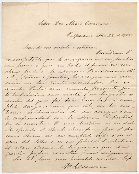 [Carta] 1878 abril 22, Valparaíso [a] Señor Don Alvaro Covarrubias