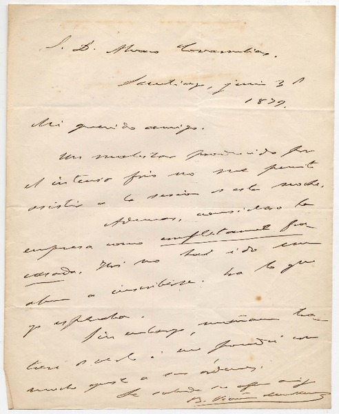 [Carta] 1879 junio 31, Santiago [a] Don Alvaro Covarrubias