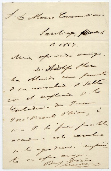 [Carta] 1867 marzo 1 Santiago, [a] Don Alvaro Covarrubias