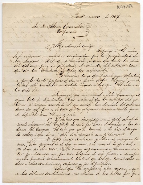 [Carta] 1867 marzo, Sant[iag]o [a] Don Alvaro Covarrubias