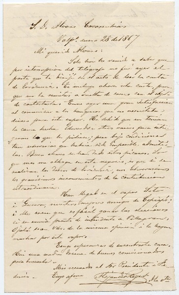 [Carta] 1867 enero 28, Valpo. I. D. Alvaro Covarrubias