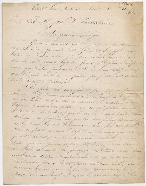 [Carta] 1865 nov[iemb]re 11, [a] Sr. D. José V. Lastarria